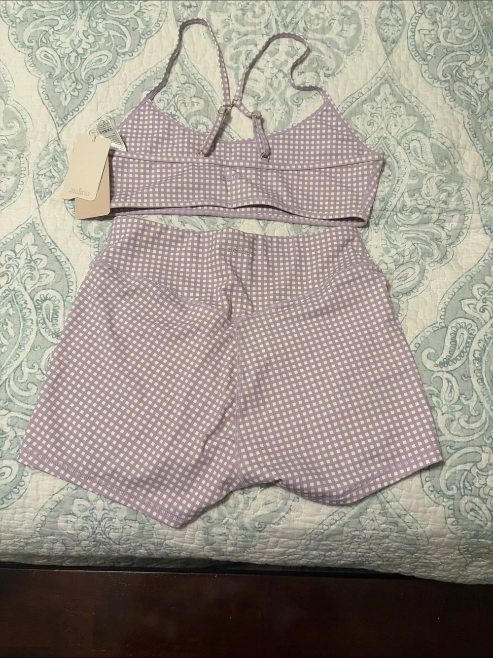 Lilac Gingham sports Bra and High-Waist Shorts Set - Women athletic wear